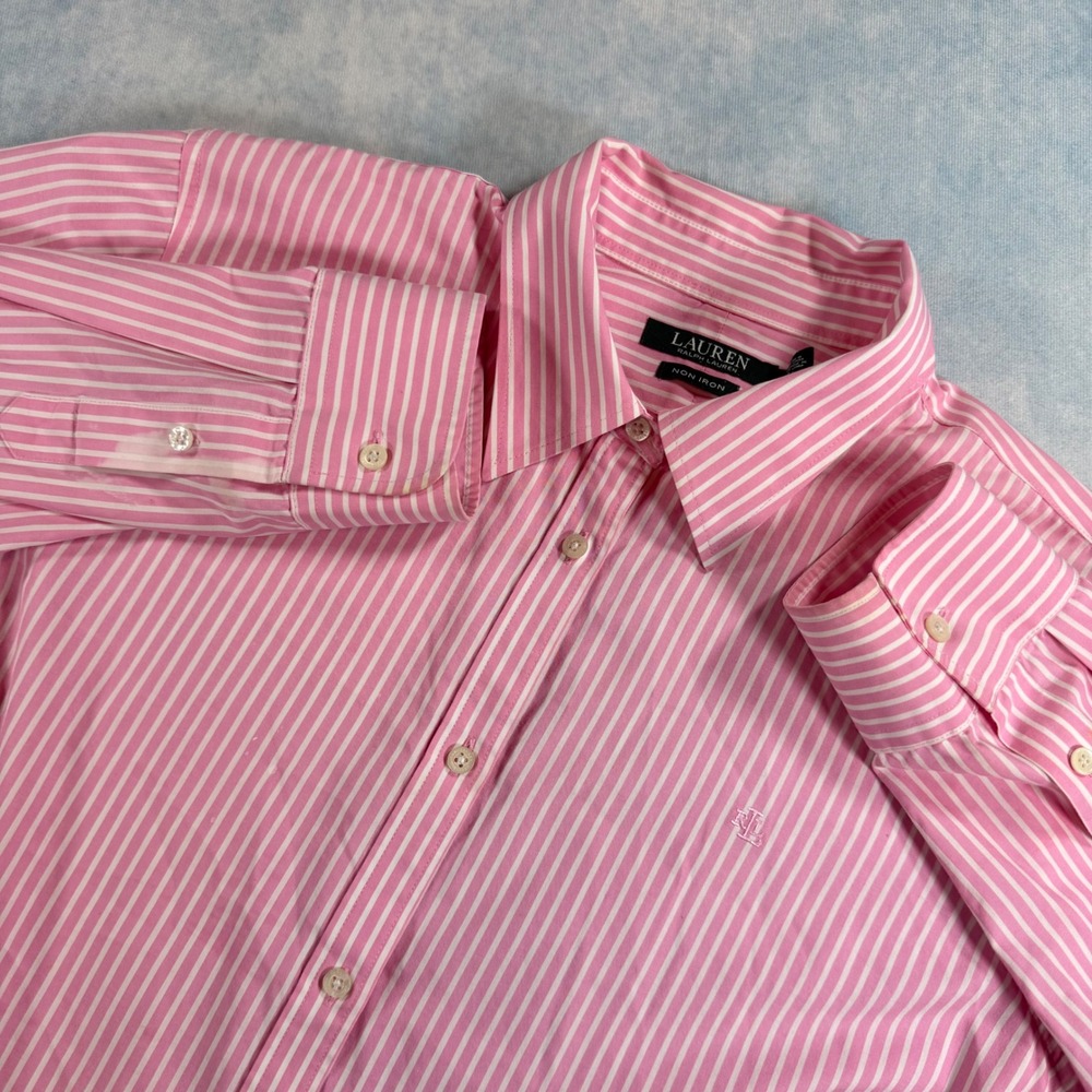 Lauren Ralph Lauren Button Down Womens 1X Pink Good Striped Non Iron Shirt